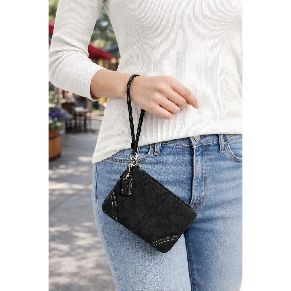 COACH Mini Signature Jacquard Wristlet‎ Black Leather Trim Small Purse